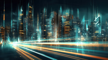 Cityscape with skyscrapers on the background, Highway with motion blur to create vision of fast speed, light trails on the road at night, created with generative AI technologyの素材
