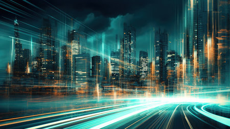 Cityscape with skyscrapers on the background, Highway with motion blur to create vision of fast speed, light trails on the road at night, created with generative AI technologyの素材