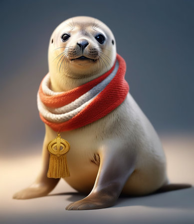 seal with scarf, look at the camera, in an orange background, portrait created by generative AI technology.の素材