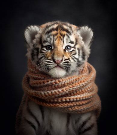 tiger baby with scarf, look at the camera, in a dark background, portrait created by generative AI technology.の素材
