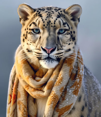 white snow panther with scarf, look at the camera, in a dark background, portrait created by generative AI technology.の素材