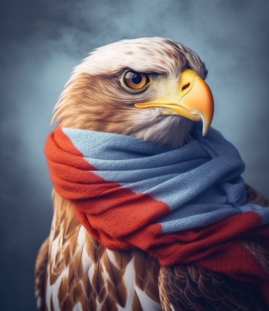 eagle cat with scarf, look at the camera, in a dark background, portrait created by generative AI technology.の素材