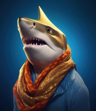 shark with scarf, look at the camera, in an orange background, portrait created by generative AI technology.の素材