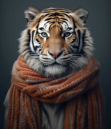 tiger with scarf, look at the camera, in a dark background, portrait created by generative AI technology.の素材