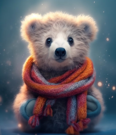 teddy bear with scarf in a gray background, portrait created by generative AI technology.の素材