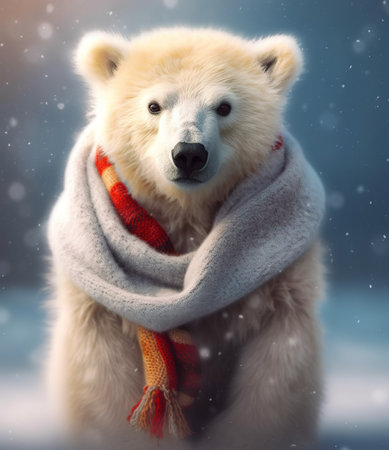 polar bear with scarf in a snowing background, portrait created by generative AI technology.の素材