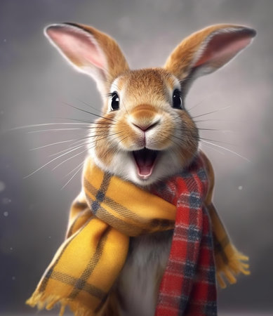 rabbit with scarf, look at the camera, in a dark background, portrait created by generative AI technology.の素材