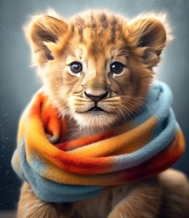 little lion with scarf, look at the camera, in a dark background, portrait created by generative AI technology.の素材