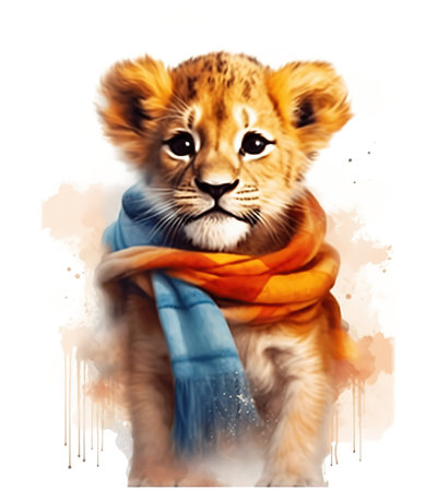 little lion with scarf, look at the camera, in a dark background, portrait created by generative AI technology.の素材
