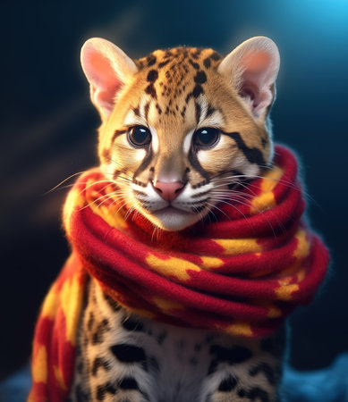 cute Ocelot cat with scarf, look at the camera, in a dark background, portrait created by generative AI technology.の素材