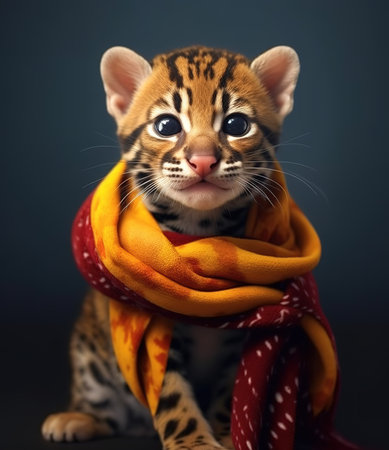 cute Ocelot cat with scarf, look at the camera, in a dark background, portrait created by generative AI technology.の素材