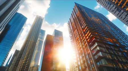 Modern skyscrapers in business district, blue sky. Bottom view, Looking upの素材