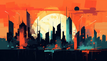 Skyline of the city, sunset or sunrise, brush splashedの素材
