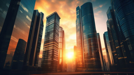 Modern skyscrapers in business district, blue sky. Bottom viewの素材