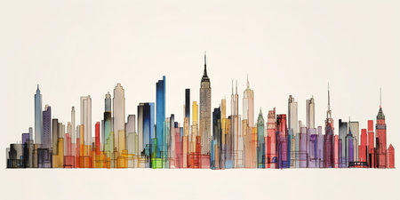 Skyline of the city by the sea, sunset or sunriseの素材