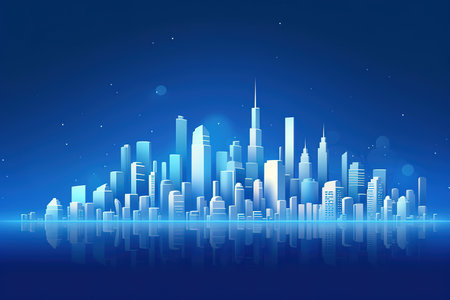 Beautiful white skyline of the city, like 3d model. blue background.の素材
