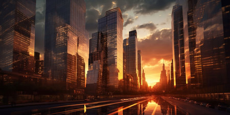 Modern skyscrapers in business district, blue sky. Bottom viewの素材