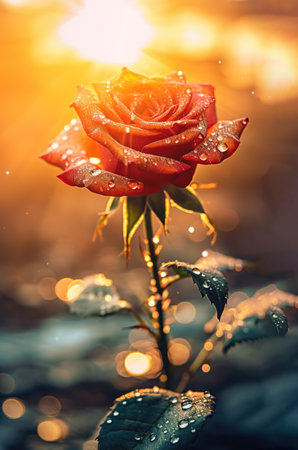 Red rose with water drops on a bokeh backgroundの素材