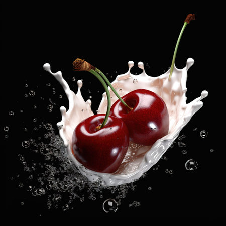 Milk or yogurt splash with cherry, isolated in black backgroundの素材