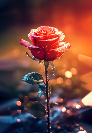 Red rose with water drops on a bokeh backgroundの素材