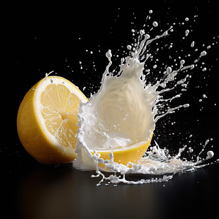 Milk or yogurt splash with lemon, isolated in black backgroundの素材