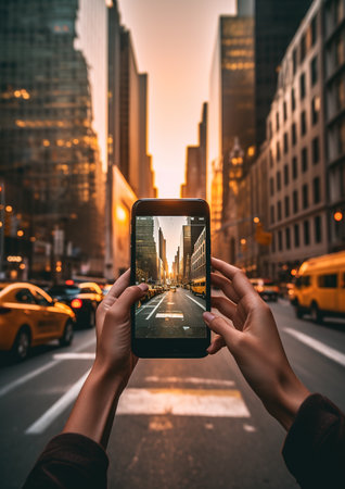woman's hand holding a smartphone with a cityscape in the backgroundの素材