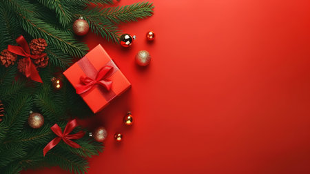 Christmas background with fir tree branches, gift box and balls on red backgroundの素材