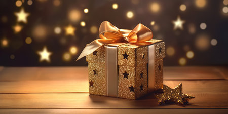 Gift box with golden bow on wooden table against defocused lightsの素材
