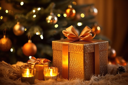Christmas gift box with candles on the background of a Christmas tree.の素材