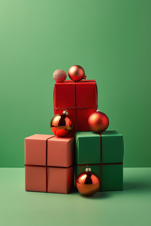 Christmas background with red and green gift boxes and christmas balls.の素材