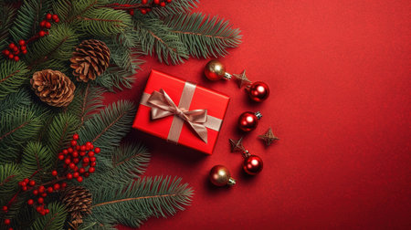 Christmas background with fir branches, red balls and gift box on red backgroundの素材