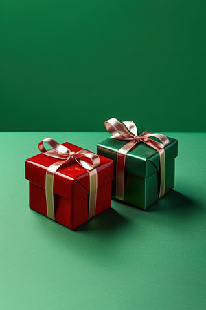Two red and green gift boxes on a green background with copy spaceの素材