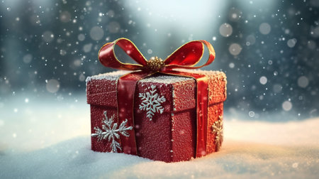 Red gift box with red bow on snow. Christmas and New Year background.の素材