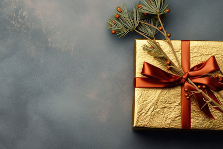 Christmas greeting card. Golden gift box with red ribbon and fir branch on gray background. Top view with copy spaceの素材