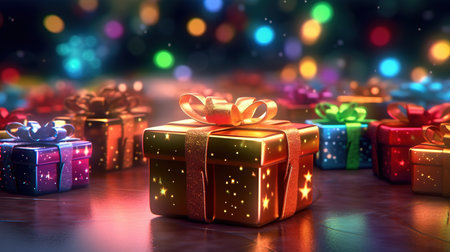 Gift boxes on dark background with bokeh. 3d renderingの素材