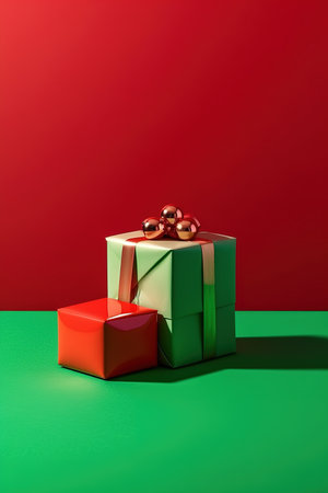 Christmas gift box on red and green background. Minimal concept.の素材