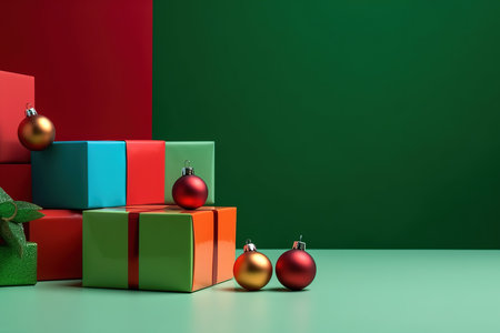 Christmas ornaments and gift boxes on green background. 3D renderingの素材