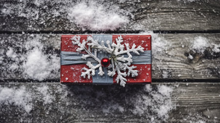 Red gift box with snowflakes on wooden background, top viewの素材