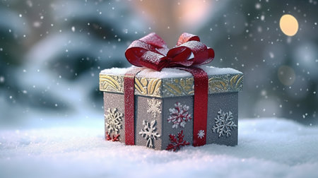 Gift box with red bow on snow 3d-illustrationの素材