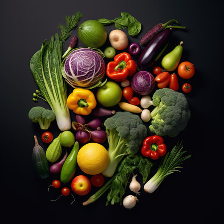 Fresh vegetables on black background. Healthy food concept. Top view.の素材