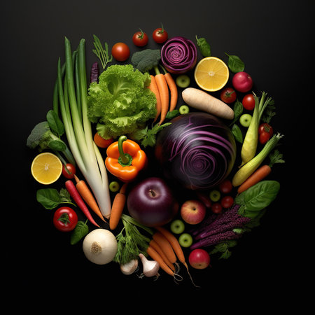 Vegetables and fruits forming a heart shape on a black backgroundの素材