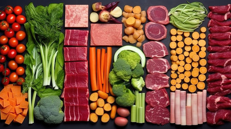 Variety of raw meat products including beef, pork, beef, chicken, vegetables and spices. Top view.の素材