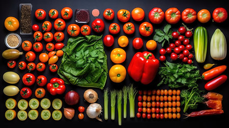Fresh vegetables on black background. Healthy food concept. Top view.の素材