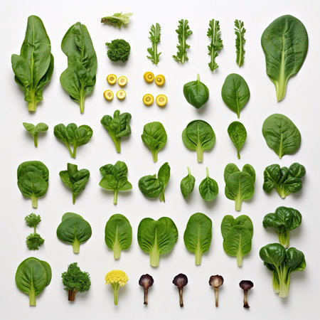 Collage of fresh green vegetables on white background, top view.の素材