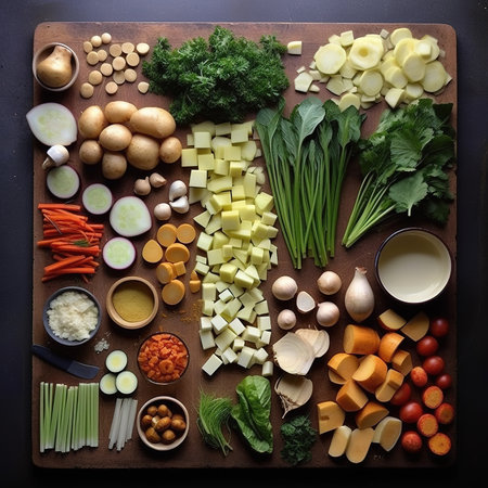 Ingredients for cooking vegetable soup on dark wooden background. Top view.の素材