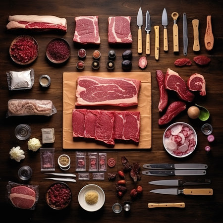 Meat products on a wooden background, top view, copy space.の素材