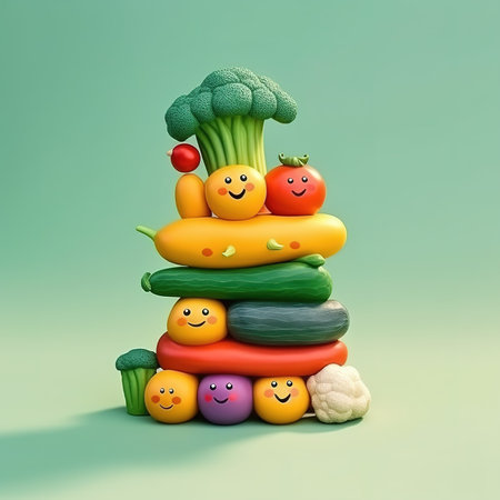 Funny food pyramid made of fruits and vegetables. 3d illustrationの素材