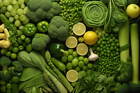 Composition with variety of green vegetables and fruits as background, top viewの素材