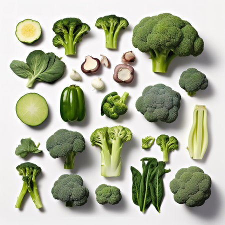 collection of fresh green broccoli, zucchini, champignon and other vegetables on white backgroundの素材