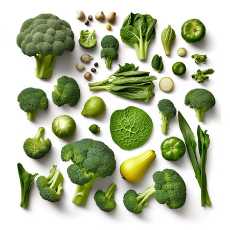 collection of green vegetables isolated on white background. Top view. Flat layの素材
